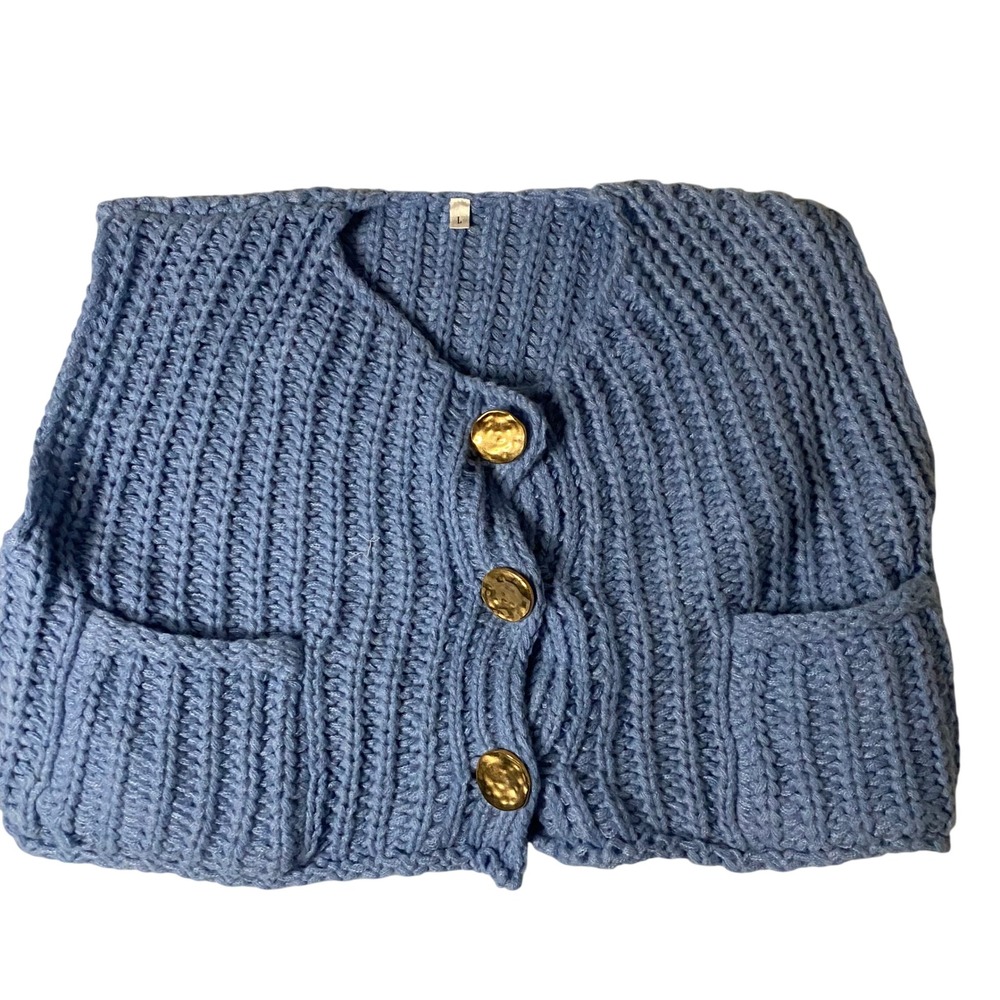 Blue‎ Chunky Knit Sweater Vest Gold Buttons Cropped Cardigan Sleeveless Large